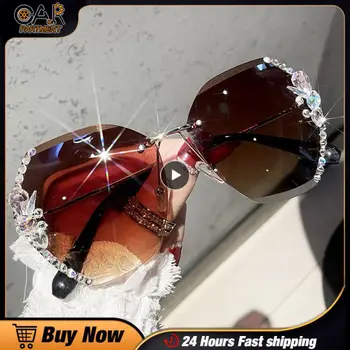 1БР Vintage слънчеви очила с UV400 с кристали без рамки Модни Маркови дизайнерски слънчеви очила в ретро стил с градиентными слънчеви лещи Женски Изображение