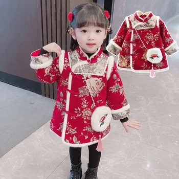 2022 НОВ китайски Hanfu за деца, костюм за момичета, Рокли, Китайски Коледен костюм, Плътно Зимата рокля за рождения ден, Розово-червен Изображение