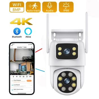 8-Мегапикселова камера 4K Wifi с двоен обектив и двоен екран Ai Human Detect Auto Tracking Безжична камера за външно наблюдение IP66 iCSee App Изображение