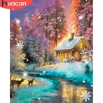 HUACAN Painting By Number Зимата Снежна пейзаж, рисуване върху платно, ръчно рисувани, Подаръчни комплекти за рисуване дърво 