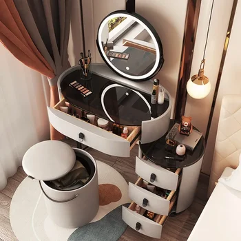 Led контейнер Тоалетка с огледало, чекмеджето за стола, Луксозна лампа за тоалетка вечеря в скандинавски стил, Мебели за спалня Penteadeira De Maquiagem Изображение