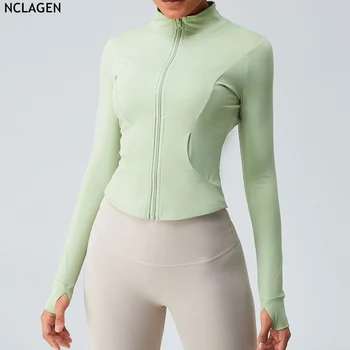NCLAGEN Есен палто за йога с дълъг ръкав, дамски тренировочная яке за фитнес с цип, оборудвана топ за йога, дишаща еластична яке за тренировки във фитнеса Изображение