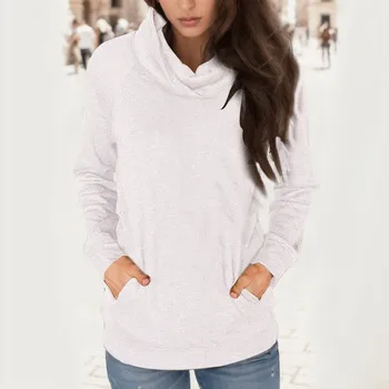 Дамски удобни обикновена блузи с дълъг ръкав, Тънък обикновен пуловер, Ежедневни уютна hoody с високо воротом и джоб Изображение