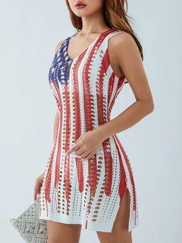 Жена макси рокля без ръкави с принтом на американското патриотична вечерна рокля за парти на 4 юли с выдалбливаемым прерязано Изображение