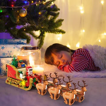 Коледна шейна, модел лосове Дядо Коледа с подсветка, определени за коледна украса, 442 броя, Строителни блокчета, играчки с хартиени кърпи за ръце ръководството. Изображение