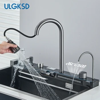 Кухненска мивка с водопад от неръждаема стомана 304 с цифров дисплей, батерия за смесване на пречистена вода и чешма за измиване на лицето, кухненски принадлежности Изображение