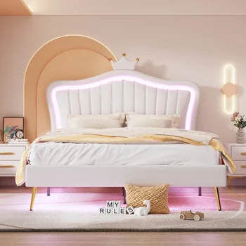 Легло, Принцеси, Модерен Foldout Рамка на легло с led Подсветка и дизайн на таблата във формата на Корона, за спални Изображение