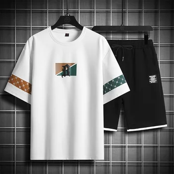 Летни мъжки ежедневни комплекти 2023, бързо съхнещи тениски + панталони, спортни облекла за бягане, Harajuku Running Tech Hombre Изображение
