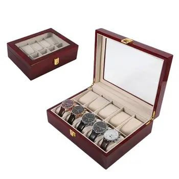Луксозна Дървена кутия за дискове-витрина за часовници с 10 мрежи, органайзер за съхранение на бижута, калъф-органайзер Изображение