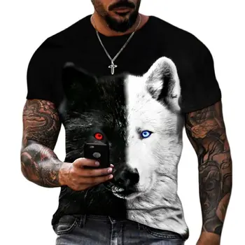 Лъвът, като се бие с домашен любимец, Свиреп Лъв, Вълк, 3D тениска, Нова лятна мъжка тениска с къс ръкав, черно-бял дизайн, полиестер Изображение