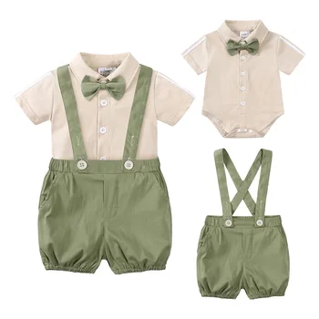 Младенческий дете, 2 броя, Джентълменско гащеризон с папийонка на малки момчета, Комплекти, официални облекла, Памук гащеризон + шорти на подтяжках, костюм за новородени Изображение