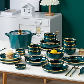 Набор от миск и чинии от скандинавски керамика зелен цвят, съдове за дома, лесно луксозно съчетание с обеденными тарелками със златен ръб. Изображение