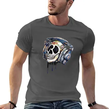 Нова тениска с череп и слушалки, бързосъхнеща риза, тениска на поръчка, забавни тениски, дрехи kawai, тениски за мъже, памук Изображение