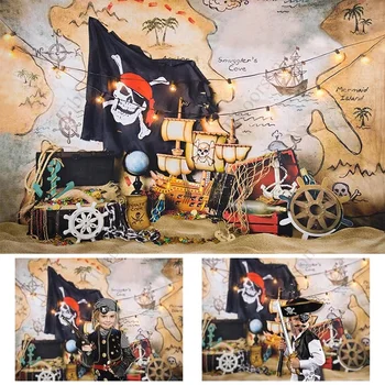 Пиратски череп, Карта на съкровище, на фона на снимане, портрет на момчето, фон за снимки, предмети за украса на детски рожден ден. Изображение