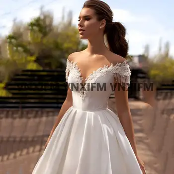 Прости мъниста, Атласное Сватбена рокля Vestido de Noiva, рокля на принцеса Булка 2021, сватбени рокли с влак и ръкави-като, евтини Изображение