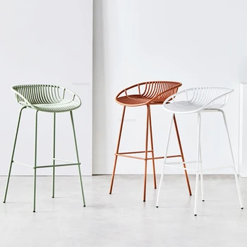 Скандинавските творчески бар столове от ковано желязо, рецепция, Високо столче за кухня, модерен бар мебели, Кафе-бар за почивка, Метален стол Изображение