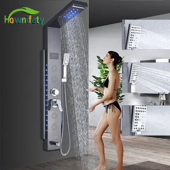 Смесител за душ кабина с мат / кръгла, двойна led осветление, Баня, Душ система, СПА-масажи, спрей, картографиране на температурата на екрана Изображение
