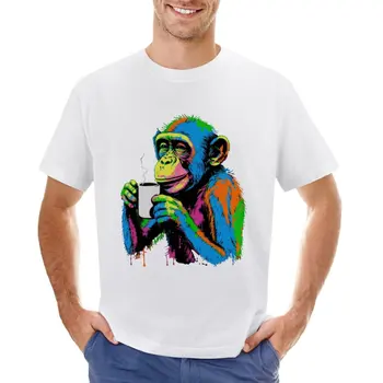 Тениска Coffee Monkey за черни момчета с домашен любимец принтом, изискана эстетичная дрехи, мъжки бели тениски Изображение