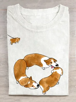 Тениска с художествен принтом Забавна кучета в корейски стил, есенно-зимни тънки и пресни блузи с къс ръкав за жени и мъже Изображение