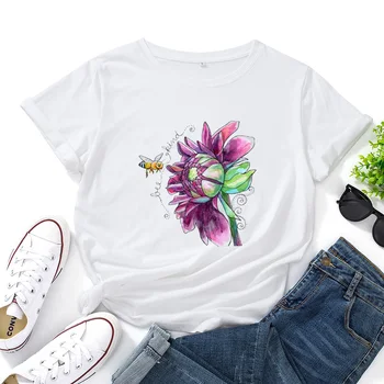 Универсална ежедневна тениска, женски свободен топ с къс ръкав, дамски тениска A Little Kind, женска тениска с шарките на пчела и цвете Изображение