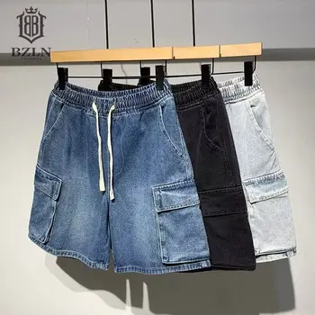 Японската работно облекло функционални мъжки дънкови къси панталони с еластичен ластик на талията мъжки панталони на една четвърт от дължината на 2023 нови летни ежедневните свободни панталони мъжки къси Изображение
