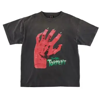 Висококачествена тениска SAINT 24SS DEVIL HND с къс ръкав, мъжки дамски реколта тениска оверсайз, мъжки памучен тениска с принтом torment Изображение