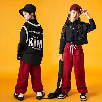 Детска тийнейджърката облекло в стил хип-хоп, черни тениски, потници, градинска дрехи, червени панталони-карго за бягане за момичета и момчета, джаз танц костюм, тийнейджърката облекло Изображение