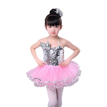 Детско танцово рокля с пищна пола, модерен и джаз танц костюм за модния подиум, дрехи за момичета с пайети рокля за изяви на сцената за деца Изображение