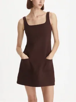 Ново дамско просто рокля-риза с квадратна яка, украшенное двойни джобове, Универсално женско тънка къса рокля трапецовидна форма, пролет 2023 г. Изображение