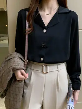 Пролетни ризи Дамски Елегантни Офис Женски Прости блузи в корейски стил за почивка с дълъг ръкав Дамски универсални свободни тънки шик Изображение