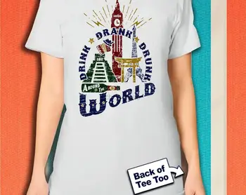Тениска Drink Drinked Drunk Around the World Theme Park - УНИСЕКС - Тениска Bar Hop - Тениска Day drinking - Epcot - Мъжки и дамски Изображение